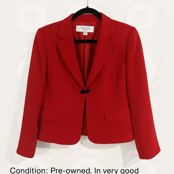 Tahari Arthur S. Levine Red Blazer Women’s Size 10P Black Frog Closure - Picture 2 of 11